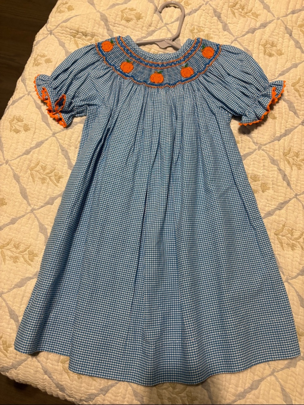 Blue Gingham Smocked Kids Dress with Orange Pumpkin Trim